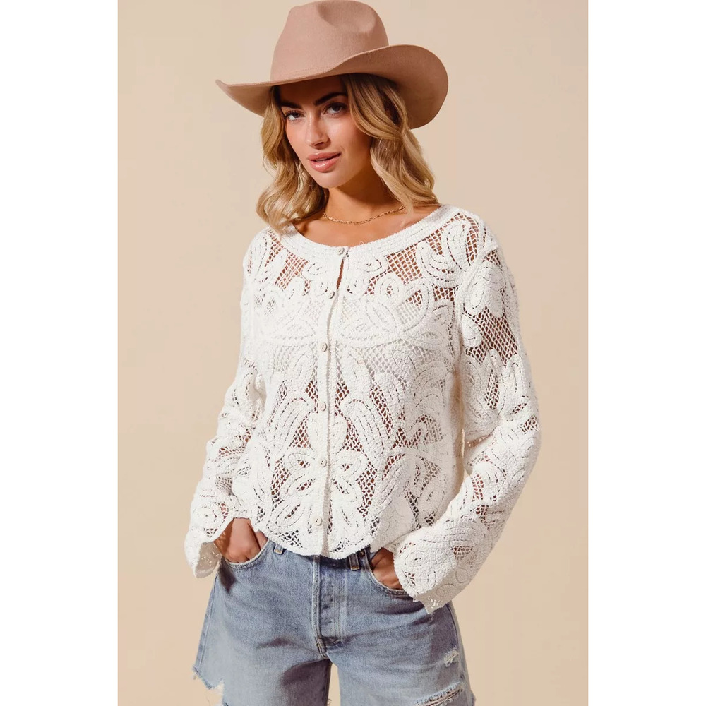 SO ME Button Front Floral Pattern Crochet Lace Cardigan